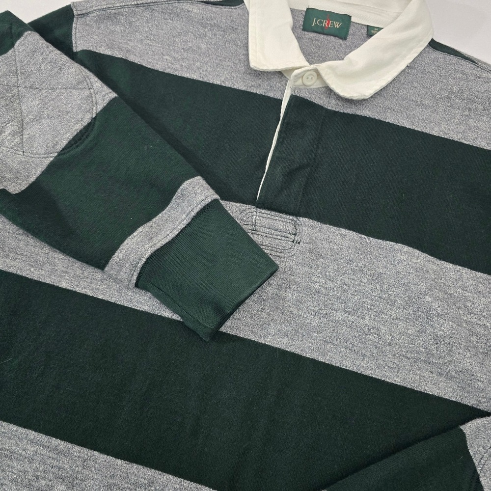 J.Crew Mens Striped Rugby Shirt Green Grey Long Sleeve Cotton Elbow Patch Size M
